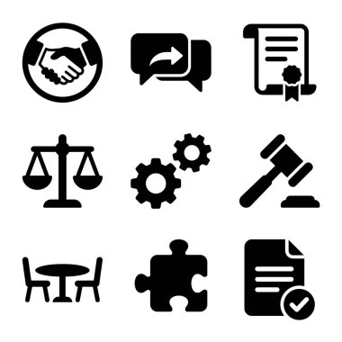 Adalet, sözleşme, müzakere ve ortaklık gibi yasal ve iş kavramlarını temsil eden dokuz siyah sembol, beyaz bir arka planda izole edilmiş..