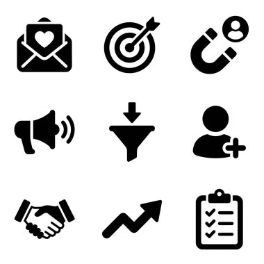 Pazarlama, satış hunisi, müşteri edinme, büyüme ve strateji gibi kilit ticari kavramları temsil eden dokuz sağlam siyah ikondan oluşan bir koleksiyon. Web tasarımı ve sunumları için mükemmel.