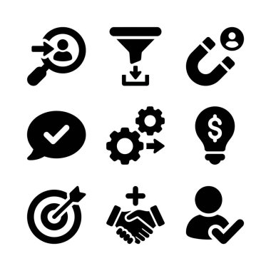 Müşteri arama, dönüştürme hunisi, müşteri çekimi, otomasyon ve hedeflere ulaşma gibi iş ve pazarlama temaları için vektör simgesi belirlendi. Basit siyah resimtogramlar.