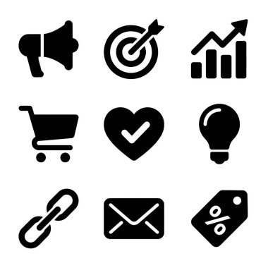 İş ve dijital pazarlama ile ilgili dokuz basit siyah simge koleksiyonu içinde megafon hedef haritası, alışveriş arabası kalp ampulü bağlantısı e-postası ve indirim etiketi yer alıyor..