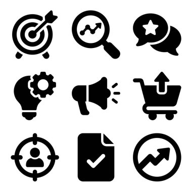 Hedef kitle, veri analizi, promosyon, satış büyümesi ve beyaz arka plandaki müşteri geribildirimi gibi iş kavramlarını temsil eden dokuz basit simge koleksiyonu..