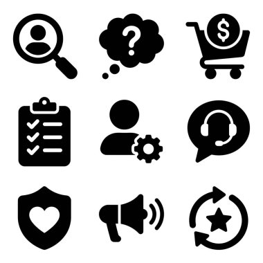Web ve mobil uygulamalar için, kullanıcı araması, ekommerce, müşteri desteği, hesap yönetimi, pazarlama ve geri bildirim gibi kavramları temsil eden bir siyah katı simge koleksiyonu.