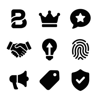 Markalaşma, kalite, geri bildirim, ortaklık, yenilik, kimlik, pazarlama, satış ve güvenlik gibi iş temalarını temsil eden dokuz düz sembol koleksiyonu.