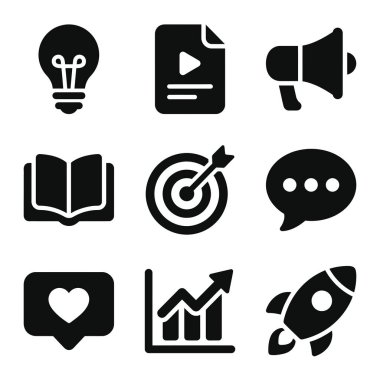 Fikirler, içerik, promosyon, hedefler, iletişim, sosyal medya bağlantısı, büyüme ve başlangıç başlangıcı gibi kavramları temsil eden dokuz basit siyah simgenin bir derlemesi.