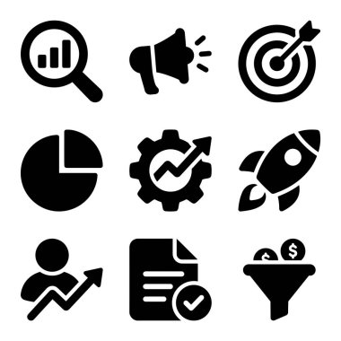 Veri analizi, pazarlama promosyonu, satış hunisi ve başlangıç açılışı gibi ticari kavramları temsil eden, beyaz bir arkaplanda izole edilmiş dokuz siyah katı simge koleksiyonu..