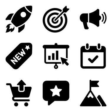 Girişim açılışı, pazarlama hedefleri, yeni ürün duyuruları, veri analizleri, zaman çizelgeleri, e-ticaret, müşteri geribildirimleri ve başarı elde etme gibi ticari kavramları temsil eden dokuz siyah simgenin bir derlemesi..