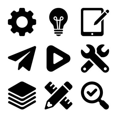 Web ve uygulama arayüzleri için gerekli sembolleri içeren çok yönlü simge paketi, ayarlar, fikir, tasarım, gönderme, oyun, araçlar, katmanlar ve doğrulama gibi.