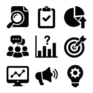 Veri analizi, pazarlama, takım çalışması, hedefler ve yenilik gibi ticari kavramları temsil eden dokuz sağlam siyah ikondan oluşan bir koleksiyon. Web ve uygulama tasarımı için mükemmel.