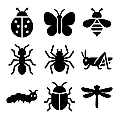 Çeşitli böcek ve böceklerin yer aldığı dokuz adet siyah siluet simgesi. Bir uğur böceği, kelebek, arı, karınca, örümcek, çekirge, tırtıl, böcek ve yusufçuk içerir..