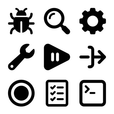 Hata, arama, ayar, araçlar, çalma duraklaması, sonraki, programlama ve uygulama tasarımı için kayıt, kontrol listesi ve terminal içeren dokuz katı siyah simge koleksiyonu.