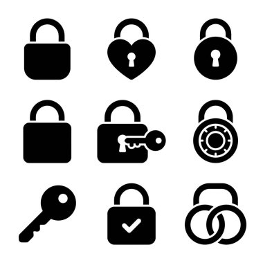 Güvenlik ve mahremiyetle ilgili dokuz siyah siluet simgesi. Web ve uygulama tasarımı için çeşitli asma kilitler, bir kalp kilidi, kombinasyon kilidi, anahtar ve birbirine kenetlenmiş halkalar içerir.