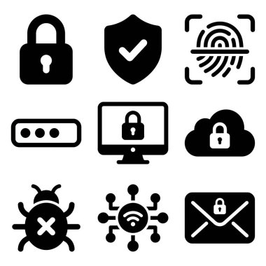 Asma kilit, kalkan, parmak izi taraması, şifre, bilgisayar kilidi, bulut güvenliği, virüs hatası, ağ ve şifreli e-posta gibi dijital güvenlik kavramlarını temsil eden dokuz sağlam siyah simge koleksiyonu.