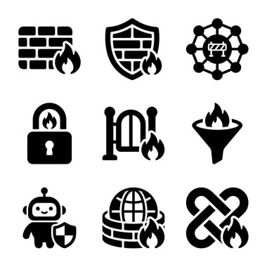 Güvenlik duvarı, veri koruması, güvenlik kapısı, ağ savunması ve antivirüs robotu gibi dijital güvenlik kavramlarını temsil eden siyah vektör simgelerinin bir derlemesi.
