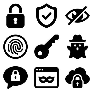 İnternet güvenliğiyle ilgili dokuz tane düz simge. Web ve uygulama tasarımı için asma kilit, kalkan, parmak izi, anahtar, takma ad ve bulut güvenlik sembollerini içerir.