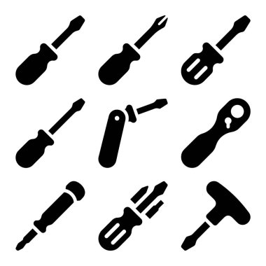 Yıldız tornavida çeşitlerini temsil eden dokuz siyah siluet simgesi koleksiyonu, Phillips, düz başlı, cırcır, ve onarım ve inşaat için çoklu bit araçlar.