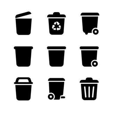 Çeşitli çöp kutuları, çöp kutuları ve geri dönüşüm kutularını temsil eden dokuz vektör ikonundan oluşan bir koleksiyon. Web ve mobil UI için basit siluet tasarımı.