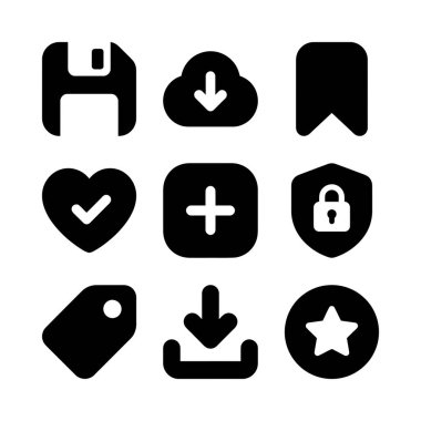 Modern dijital arayüz tasarımı için kaydetme, indirme, yer imi, favori, toplama, güvenlik, etiket ve yıldız içeren dokuz temel siyah UI simgesinden oluşan bir koleksiyon.