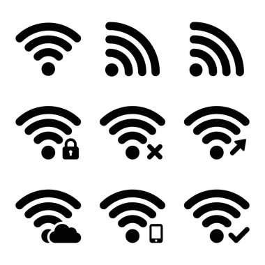 Kilitli, hata, bulut senkronizasyonu, mobil cihaz ve başarılı bağlantı işaretleri gibi farklı bağlantı durumlarını gösteren dokuz siyah Wi-Fi simgesi seti.
