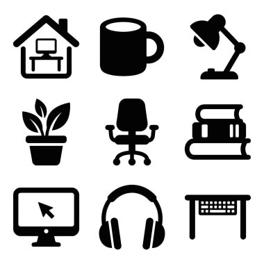 Masa, sandalye, bilgisayar, lamba, kulaklık, kitap, bitki ve kahve fincanı da dahil olmak üzere ev ofisini temsil eden dokuz basit simge simgesi koleksiyonu..