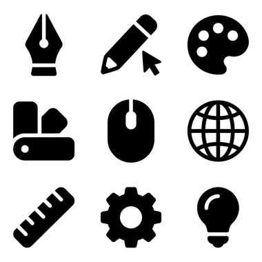 Grafik tasarımı, web tasarımı ve dijital sanat için kalem, palet, fare ve dünya gibi yaratıcı ve teknik araçları temsil eden dokuz siyah katı simge koleksiyonu..