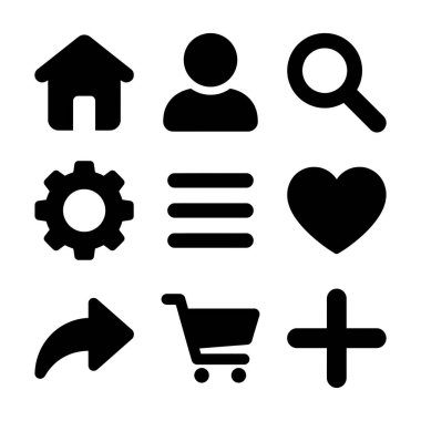 Kullanıcı arayüzü tasarımı için dokuz temel siyah simge koleksiyonu. Beyaz arkaplana ev, kullanıcı, arama, ayar, menü, kalp, paylaşım, el arabası ve semboller ekler.