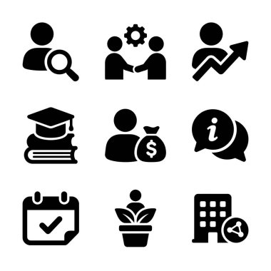 Asker toplama, ortaklık, kariyer büyümesi, eğitim, finans, iletişim, programlama ve kurumsal ağ oluşturma gibi kavramları temsil eden dokuz siyah sembolden oluşan bir koleksiyon..