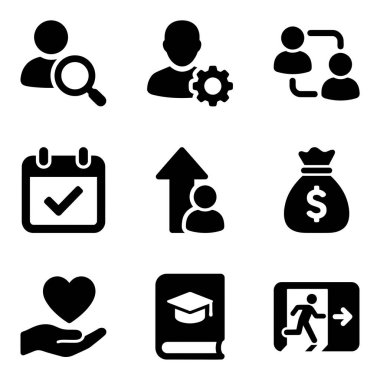 İşletme, yönetim, iletişim, zamanlama, finans, promosyon ve eğitim gibi iş ve insan kaynakları kavramlarını temsil eden siyah simgelerin bir derlemesi.