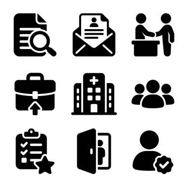İş arama, işe alma, hastane hizmetleri, takım çalışması ve internet ve mobil uygulamalar için çalışan değerlendirmesini temsil eden dokuz siyah simge koleksiyonu.