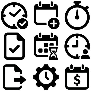 İş ve kişisel kullanım için programlama, teslim tarihleri, zaman izleme, görev tamamlama ve mali planlama gibi kavramları temsil eden dokuz siyah katı simgenin bir derlemesi.