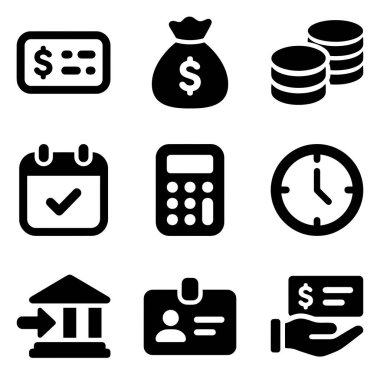 Para, bankacılık, ödeme, zaman ve hesaplama gibi finansal kavramları temsil eden dokuz basit siyah simge koleksiyonu. Çek, para çantası, bozuk para, takvim, hesap makinesi ve saati içerir.
