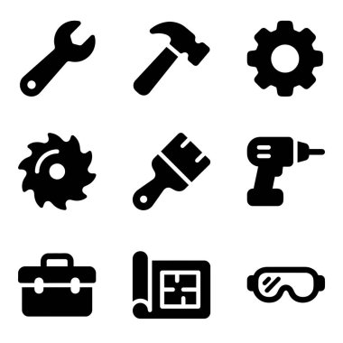 Bir çekiç, anahtar, matkap ve şablon da dahil olmak üzere inşaat, bakım ve zanaat için çeşitli araç ve ekipmanları temsil eden dokuz basit siyah beyaz simge koleksiyonu.