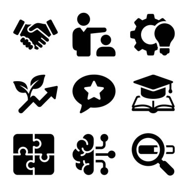 Ortaklık, akıl hocalığı, yenilik, büyüme, eğitim, problem çözme ve yapay zeka gibi kavramları temsil eden dokuz sağlam siyah simge koleksiyonu..