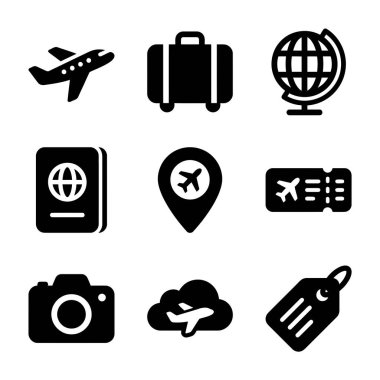 Dokuz temel seyahat ve turizm ikonu koleksiyonu. Uçak, bavul, dünya, pasaport, konum kodu, bilet, kamera ve etiket dahil. Web ve uygulama tasarımı için sağlam kabartma biçimi.