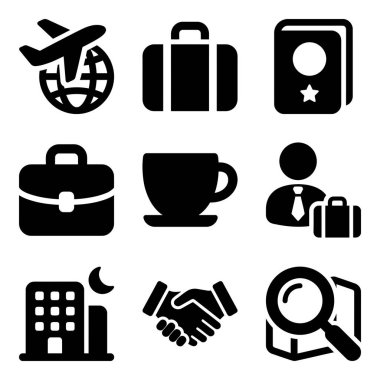 Uçak, bavul, pasaport, çanta, otel ve toplantılar gibi iş seyahatleri öğelerini temsil eden dokuz siyah simge koleksiyonu. Web ve mobil uygulamalar için mükemmel.
