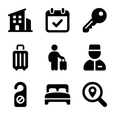 Konukseverlik ve konaklama, rezervasyon takvimi, oda anahtarı, bavul, misafir, komi, tabela, yatak ve konum araması dahil olmak üzere dokuz basit siyah simge koleksiyonu.