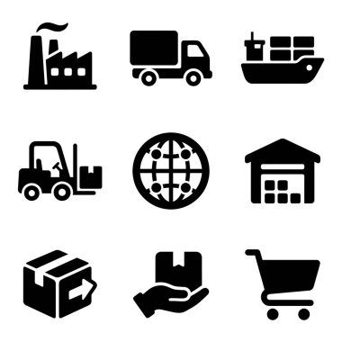 Fabrika üretimi, kamyon ve gemiyle ulaşım, depolama ve son teslimat dahil olmak üzere tedarik zincirini temsil eden dokuz katı siyah simge koleksiyonu..