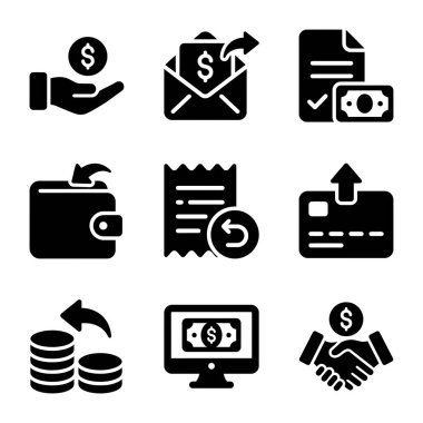 Ödeme, para gönderme, faturalar, cüzdanlar, geri ödeme, kredi kartları, harcamalar, internet bankacılığı ve iş anlaşmaları gibi çeşitli finansal kavramları temsil eden dokuz sağlam siyah simge koleksiyonu.