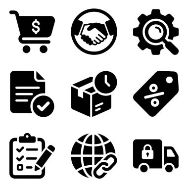 Çevrimiçi alışveriş, iş anlaşmaları, güvenli dağıtım, küresel taşımacılık ve web ve mobil için sipariş yönetimini temsil eden bir simge koleksiyonu.