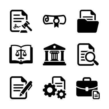 Adalet, sözleşme, hükümet ve araştırma gibi yasal ve idari kavramları temsil eden dokuz basit vektör ikonundan oluşan bir derleme, beyaz bir arka planda izole edilmiş..