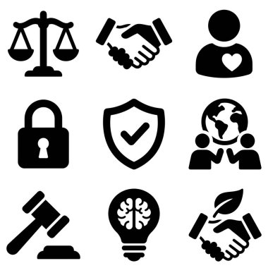 Adalet, güven, güvenlik, yenilik, küresel toplum ve çevre sorumluluğu gibi kavramları sembolize eden dokuz düz sembolik sembolden oluşan bir derleme..
