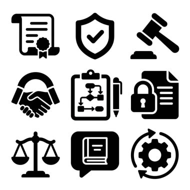 Hukukla, adaletle ve ticari faaliyetlerle ilgili sağlam siyah simgelerden oluşan bir derleme. Sözleşmeler, güvenlik, anlaşmalar, iş akışı ve yönetmelikler için semboller içerir.