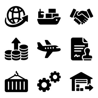 Küresel taşımacılık, hava taşımacılığı, kargo, depo, maliye ve iş anlaşmaları da dahil olmak üzere lojistiğin çeşitli yönlerini temsil eden dokuz katı siyah simge koleksiyonu.