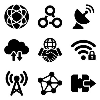 Küresel ağları, veri paylaşımını, uydu iletişimini, bulut hesaplamasını, güvenli kablosuz ağ ve dijital bağlantı sembollerini temsil eden dokuz katı simgenin bir derlemesi.