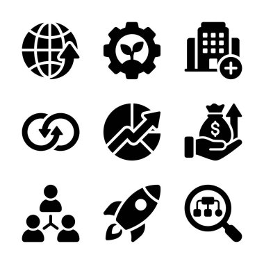 Küresel işletme, sürdürülebilir büyüme, yeni şirket, süreç döngüsü, finansal analiz, yatırım, takım çalışması gibi kavramları temsil eden dokuz siyah katı simgenin bir derlemesi..