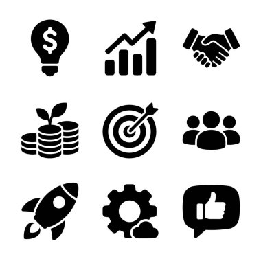 Girişim başlatma, finansal büyüme, takım çalışması, strateji ve sosyal medyanın beyaz arka planda onaylanması gibi ticari kavramları temsil eden dokuz siyah simgenin bir derlemesi.