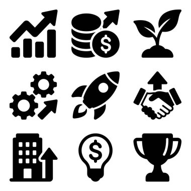 Finansal büyüme, girişim başlatma, ortaklık, yenilik, kurumsal başarı ve başarı gibi iş kavramlarını temsil eden sağlam siyah simgelerin bir derlemesi.