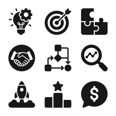 Yenilik, hedef alma, ortaklık, süreç, veri analizi, başlangıç başlangıcı ve finansal başarı gibi kilit ticari kavramları temsil eden dokuz siyah katı simgenin bir derlemesi.