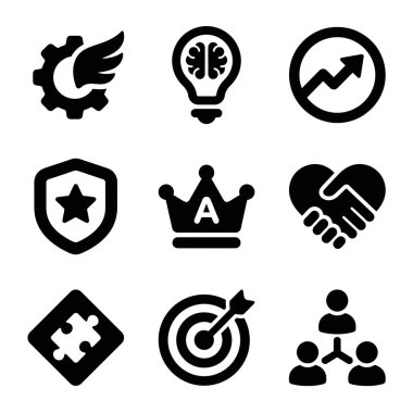 Yenilik, büyüme, ortaklık, hedefler ve takım çalışması gibi ticari kavramları temsil eden dokuz siyah beyaz simge koleksiyonu. Ağ ve yazdırma için basit vektör simgeleri.