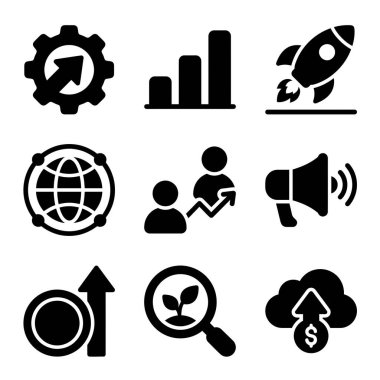 Geliştirme, analitik, başlatma, küresel ağ, kullanıcı büyümesi, promosyon ve finansal yatırım gibi kilit iş kavramlarını temsil eden dokuz siyah katı ikondan oluşan bir koleksiyon.