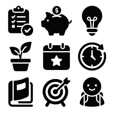 Planlama, kaydetme, fikirler, büyüme, zamanlama, zaman yönetimi, eğitim, hedefler ve kişisel gelişim gibi kavramları temsil eden dokuz siyah katı simgenin bir derlemesi.